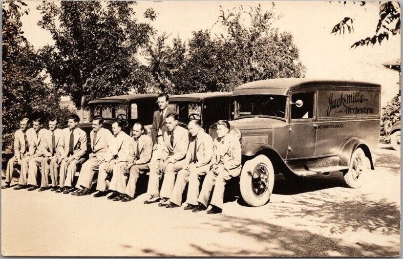 c1930s JACK MILLS ORCHESTRA Real Photo RPPC Postcard Band Members & Touring Cars