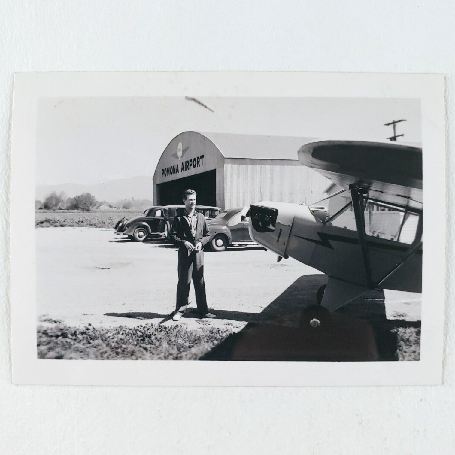 Pomona Airport Airplane Pilot Photo 1940s Vintage Original Snapshot Cars A1573