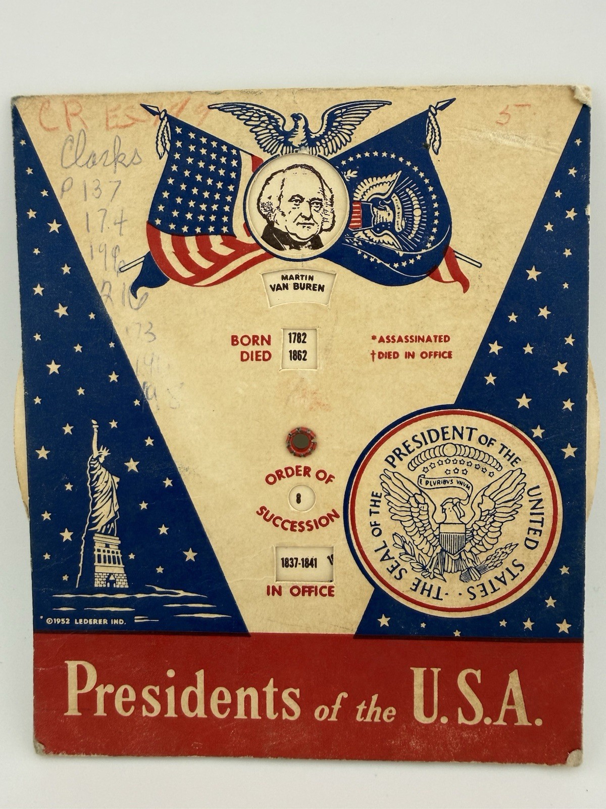 Vintage 1952 Lederer Presidents of USA Rotating Wheel Sears Advertising Card
