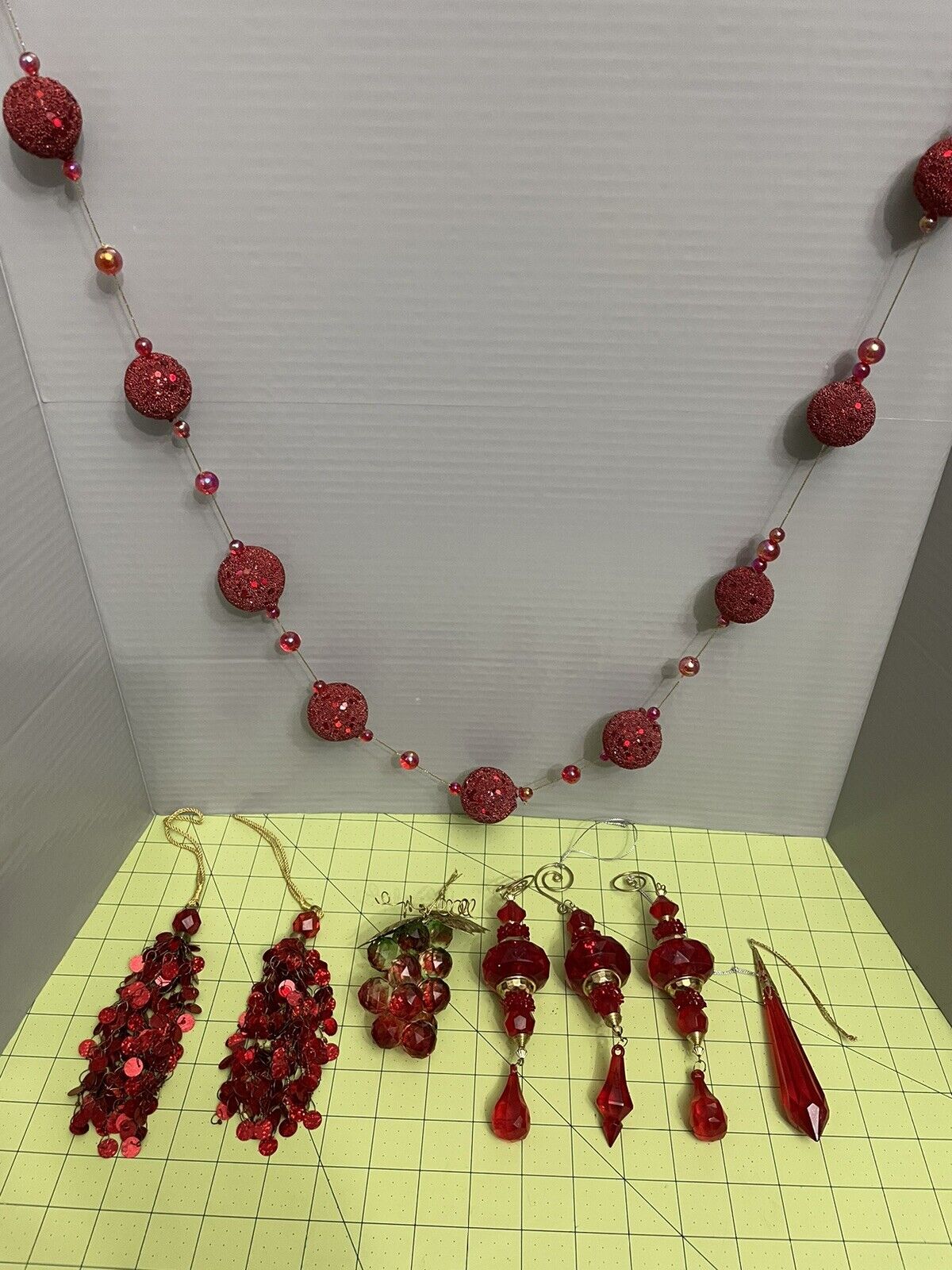 Lot of 8~Vintage~Red Acrylic Lucite Teardrop Chandelier Icicle Ornaments Garland