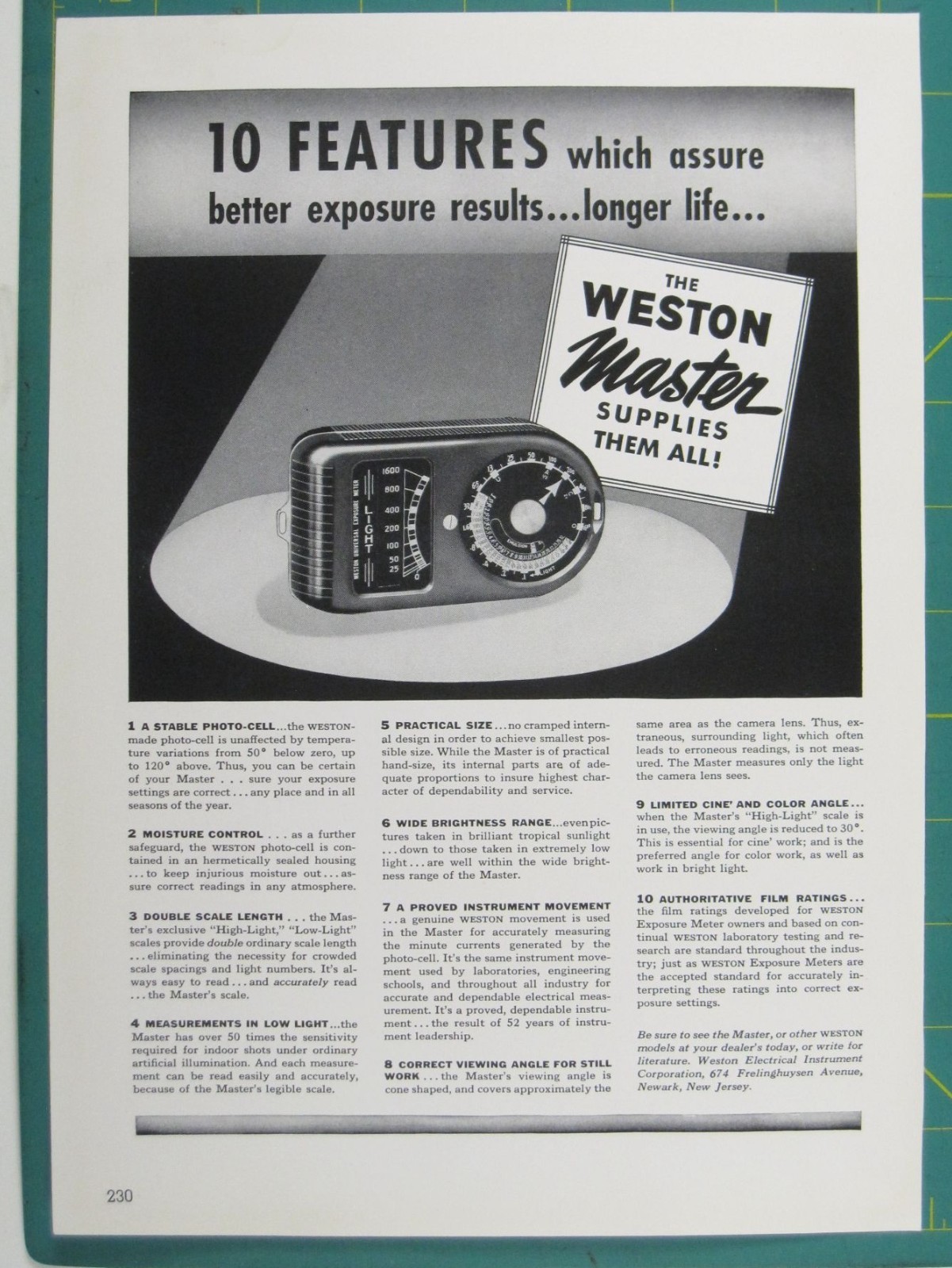 Print Ad 1950s Weston Master Light Meter Exposure Camera Photo Vintage 1941