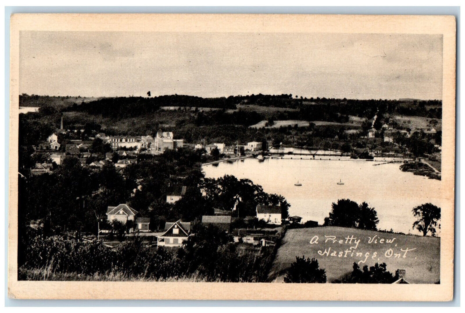 c1940's A Pretty View of Houses and Lake, Hastings Ontario Canada Postcard