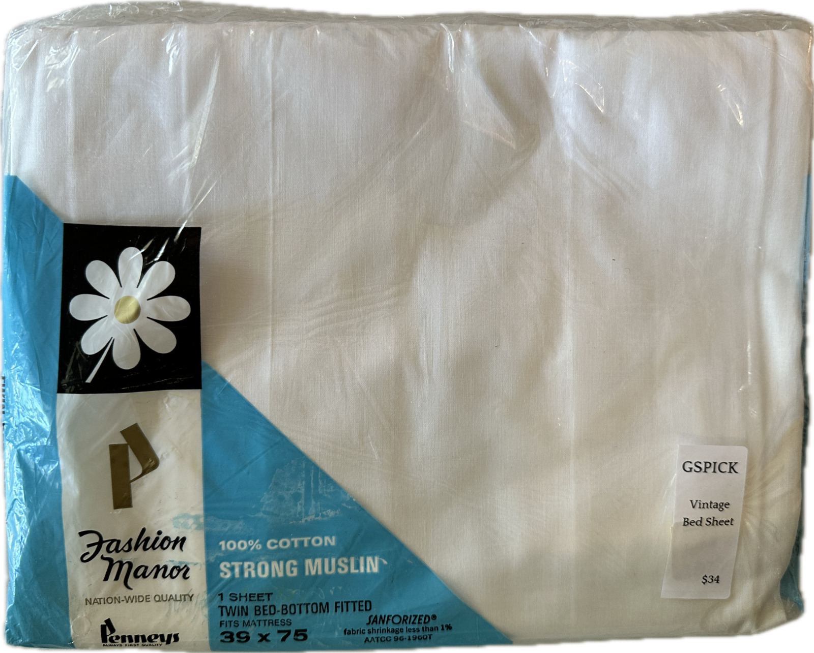 Vintage JC Penny Fashion Manor Strong Muslin Twin Fitted Bed Sheet White NIP