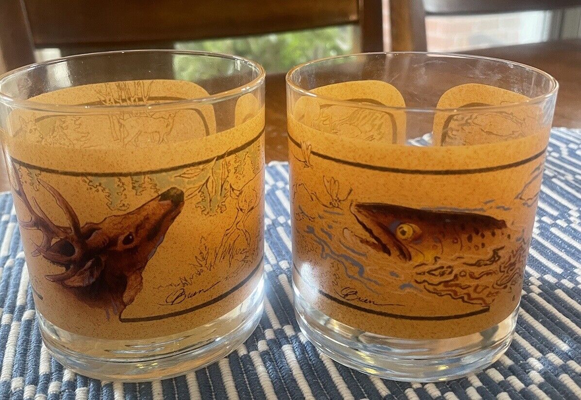 Vintage Avon Wildlife Bar Glasses Set of 2 Artwork by Tom O\'Brien Fish And Deer