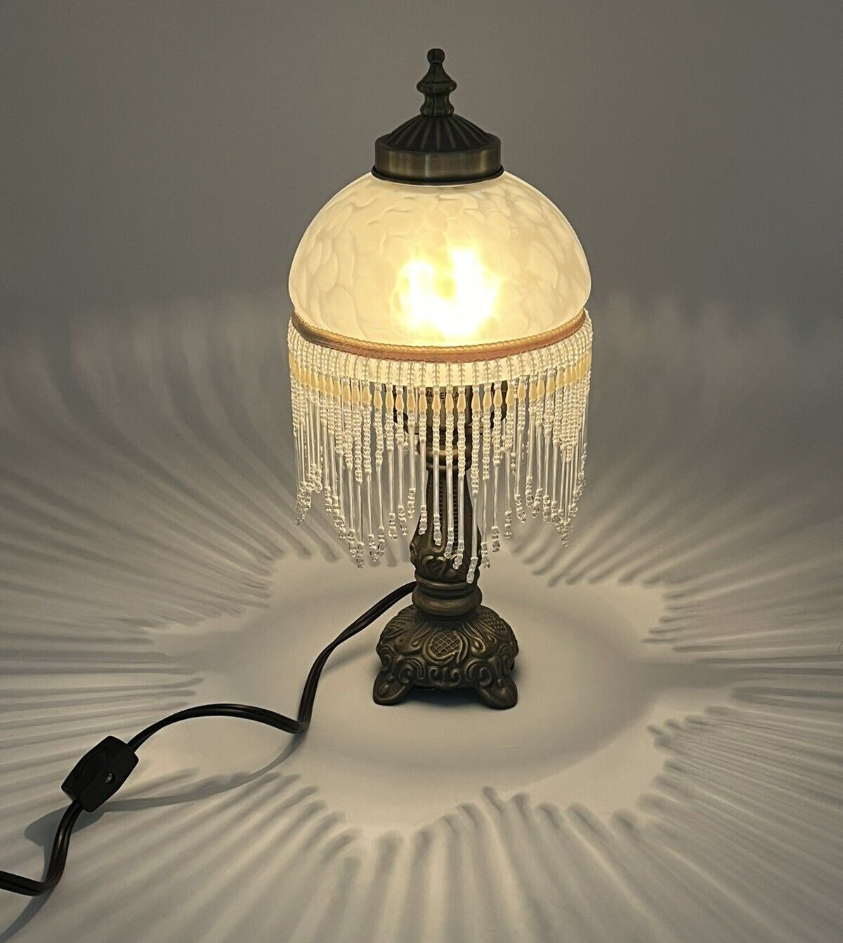 Boudoir Lamp Frosted Glass Globe Beaded Shade Brass Base Table Light Vintage 