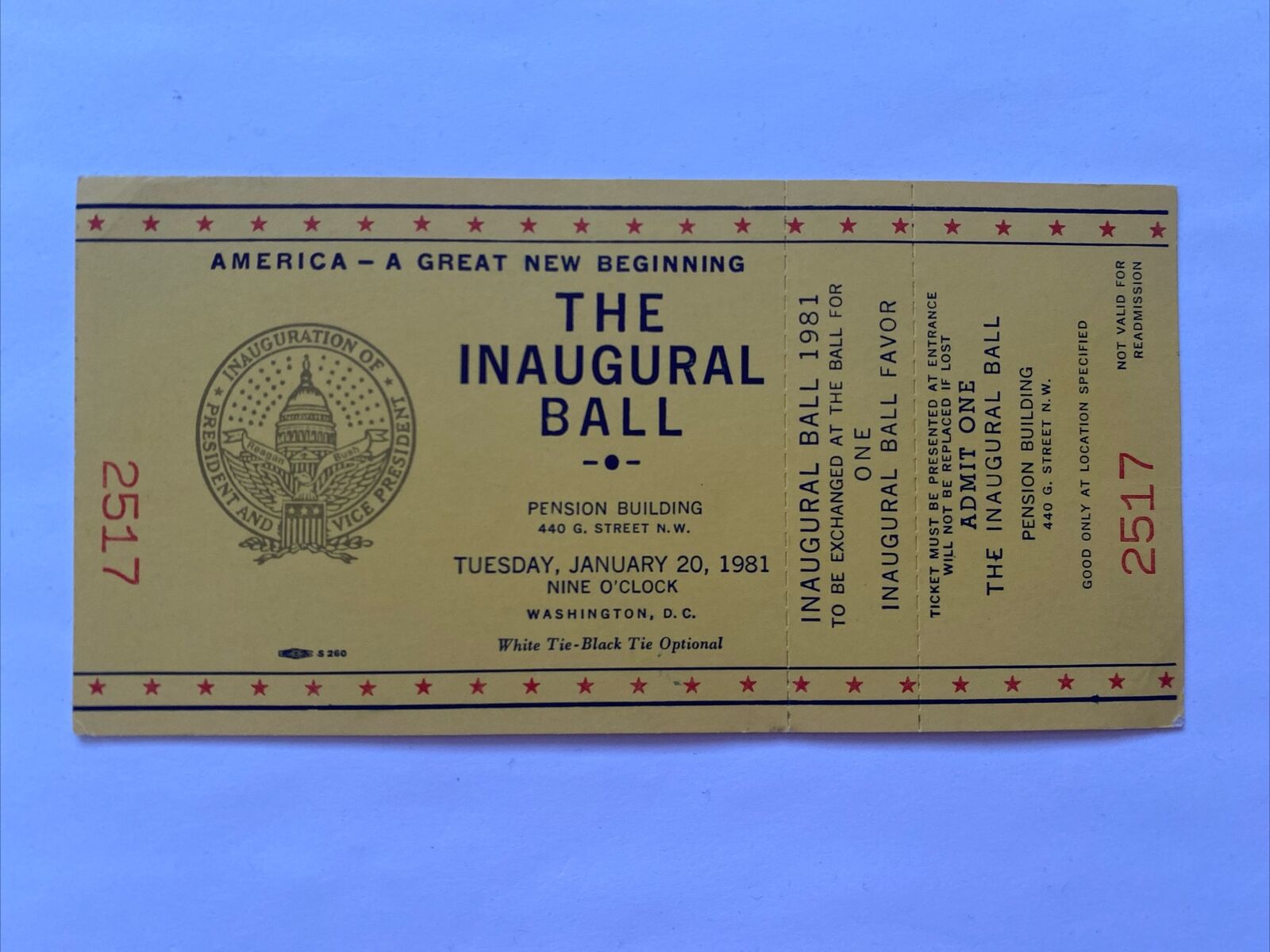 1981 President Ronald Reagan Inauguration Inaugural Ball Ticket Pension Building