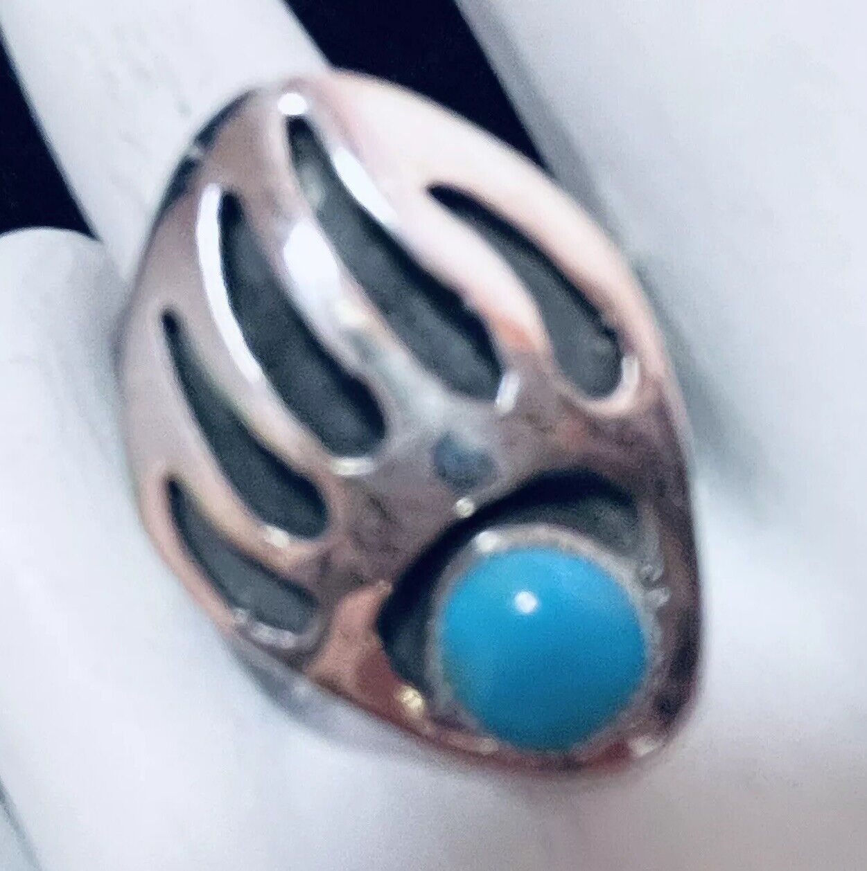 Navajo Sterling Turquoise Bear Paw Shadowbox Ring #903 SIGNED
