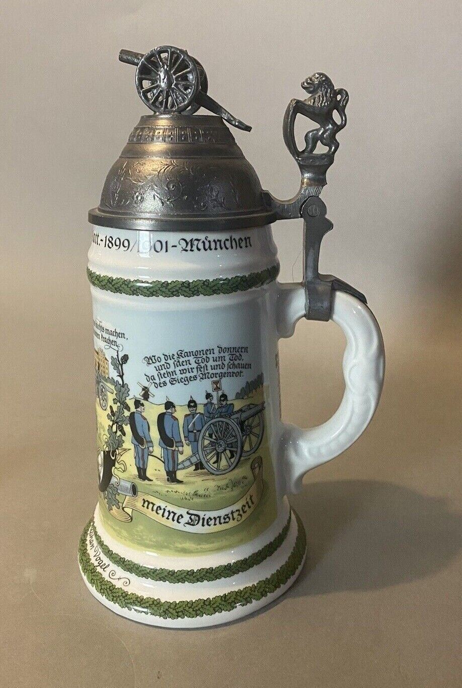 VINTAGE GERMAN REGIMENTAL BEER STEIN WITH LITHOGRAPH BOTTOM CANNON & LION TOP