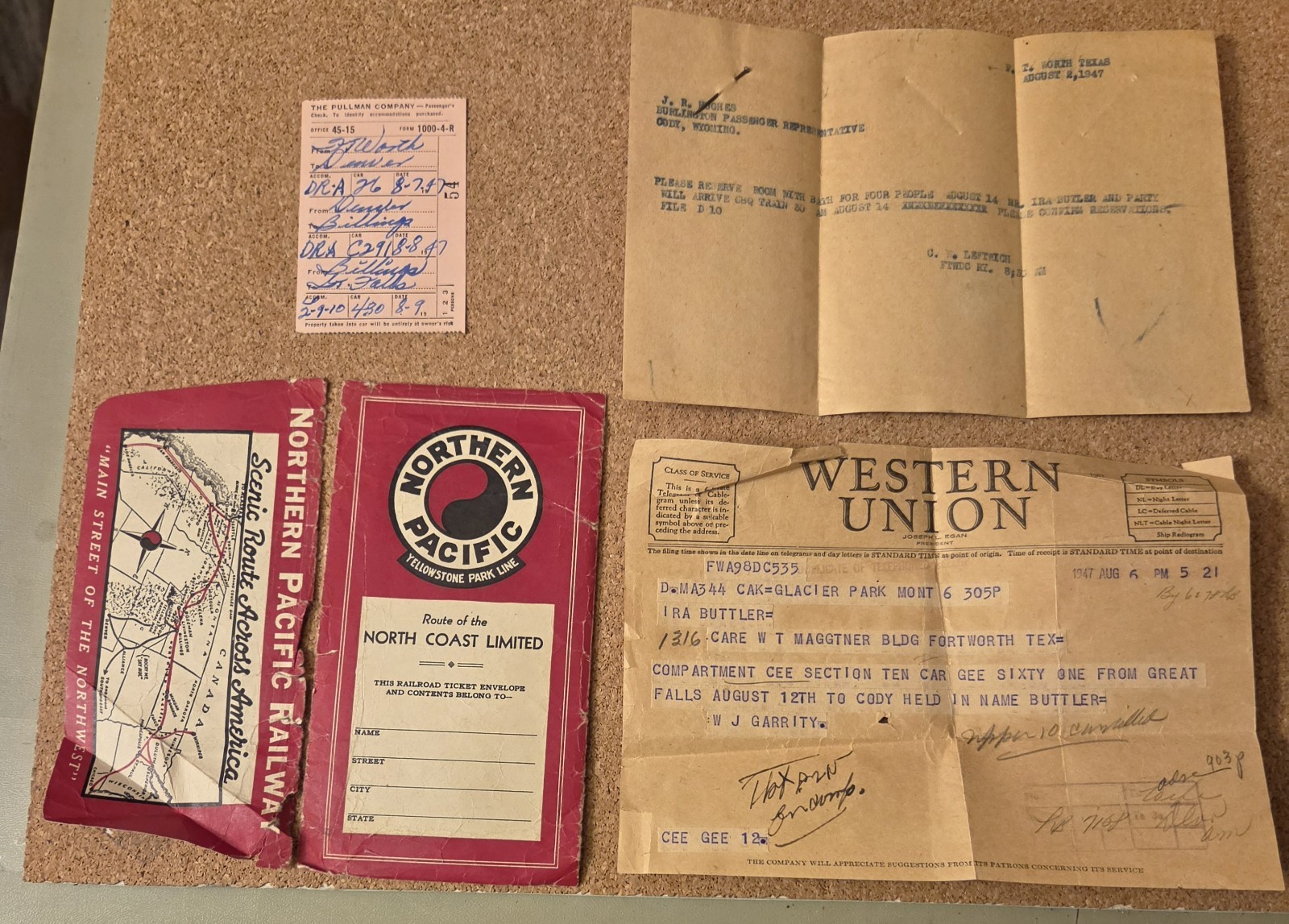 1947 Northern Pacific Rail 6 Piece Lot Pullman Ticket Yellowstone Western Union 