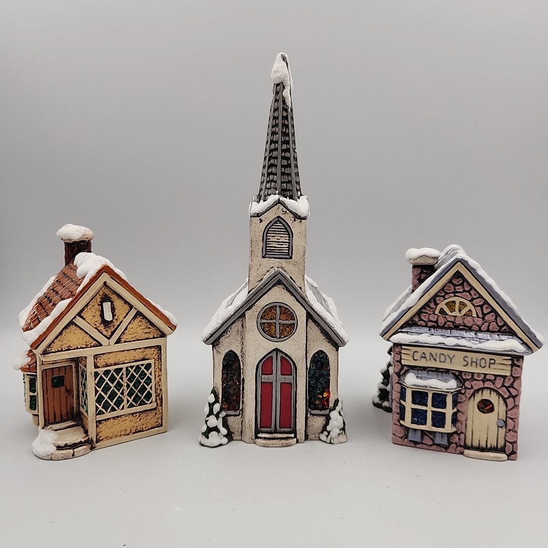 Vintage 1980s Scioto Ceramic Christmas Village Chapel Candy Shop & Cottage Read Vintage 1980s Scioto Ceramic Christmas Village Chapel Candy Shop & Cottage Read