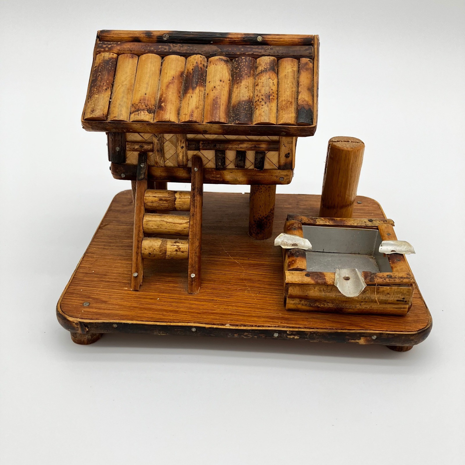 Vintage Handcrafted Bamboo Bahay Kubo Folk Art Ashtray Cigarette Match Holder