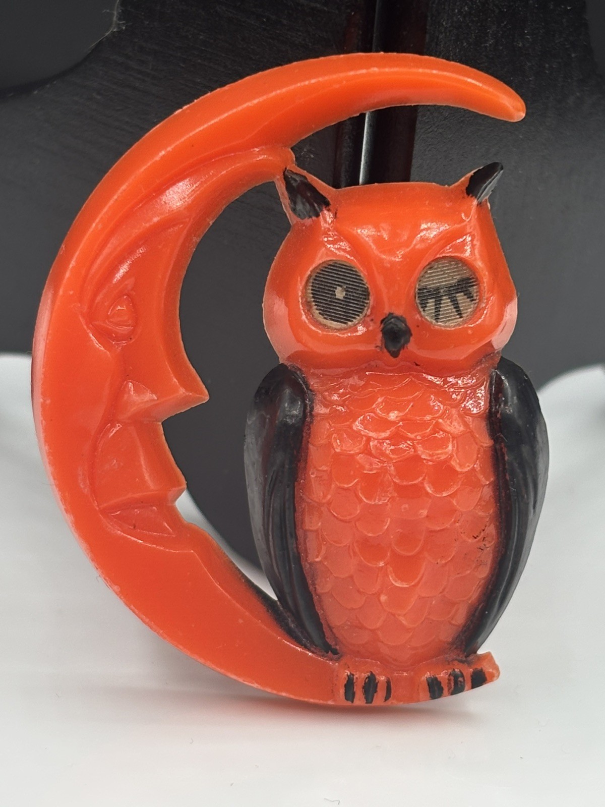 Vintage Halloween Winking Owl Crescent Moon Plastic Orange Black Brooch Pin