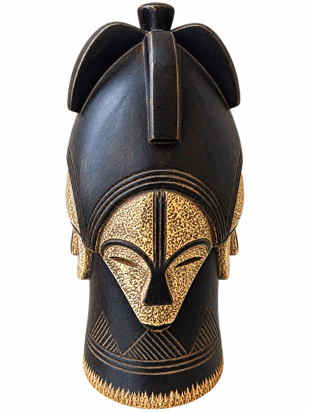 African Culture Wood Mask Decorative, Lega Hand Carved, Black/Tan Gold Accents African Culture Wood Mask Decorative, Lega Hand Carved, Black/Tan Gold Accents