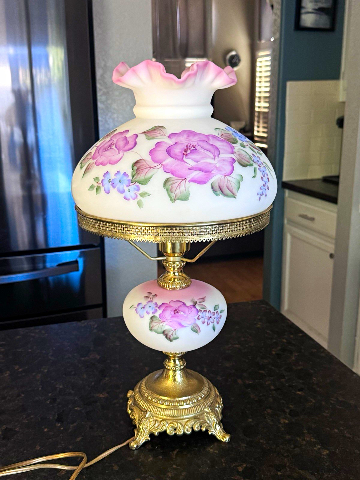 Vintage Fenton Floral Satin Glass Student Lamp Beautiful GWTW Signed READ Vintage Fenton Floral Satin Glass Student Lamp Beautiful GWTW Signed READ