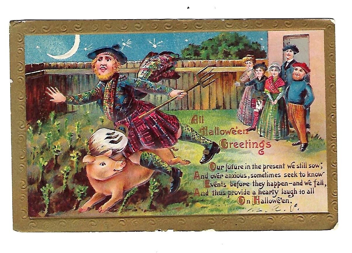 c1913 Halloween Postcard Scottish Man With Pitch Fork & Pig Embossed