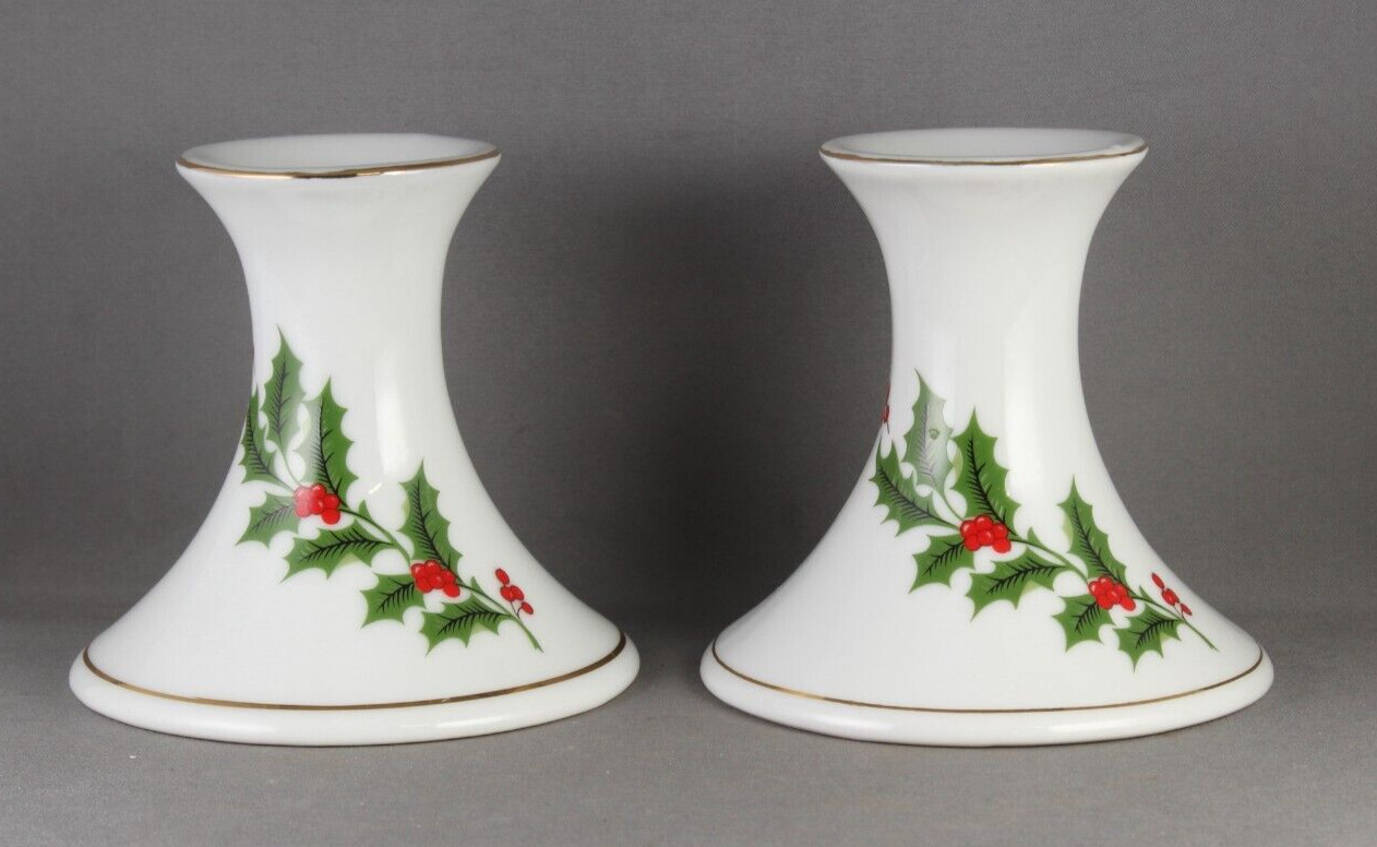 Two (2) Holly & Berry Christmas Candlestick Holders 3.5\