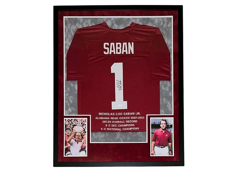 Nick Saban Autographed (Crimson #1) Deluxe Framed Jersey - JSA Nick Saban Autographed (Crimson #1) Deluxe Framed Jersey - JSA