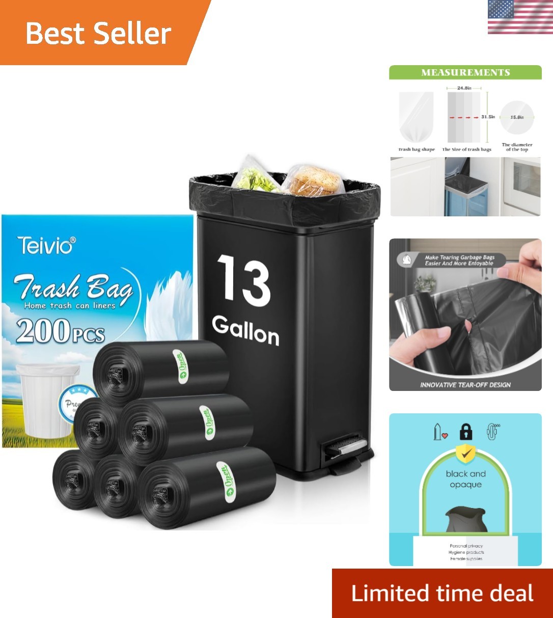 13 Gallon 200 Count Tall Kitchen Trash Bags 10 Gal 12 Gal 13 Gal fit 50 liter Ga