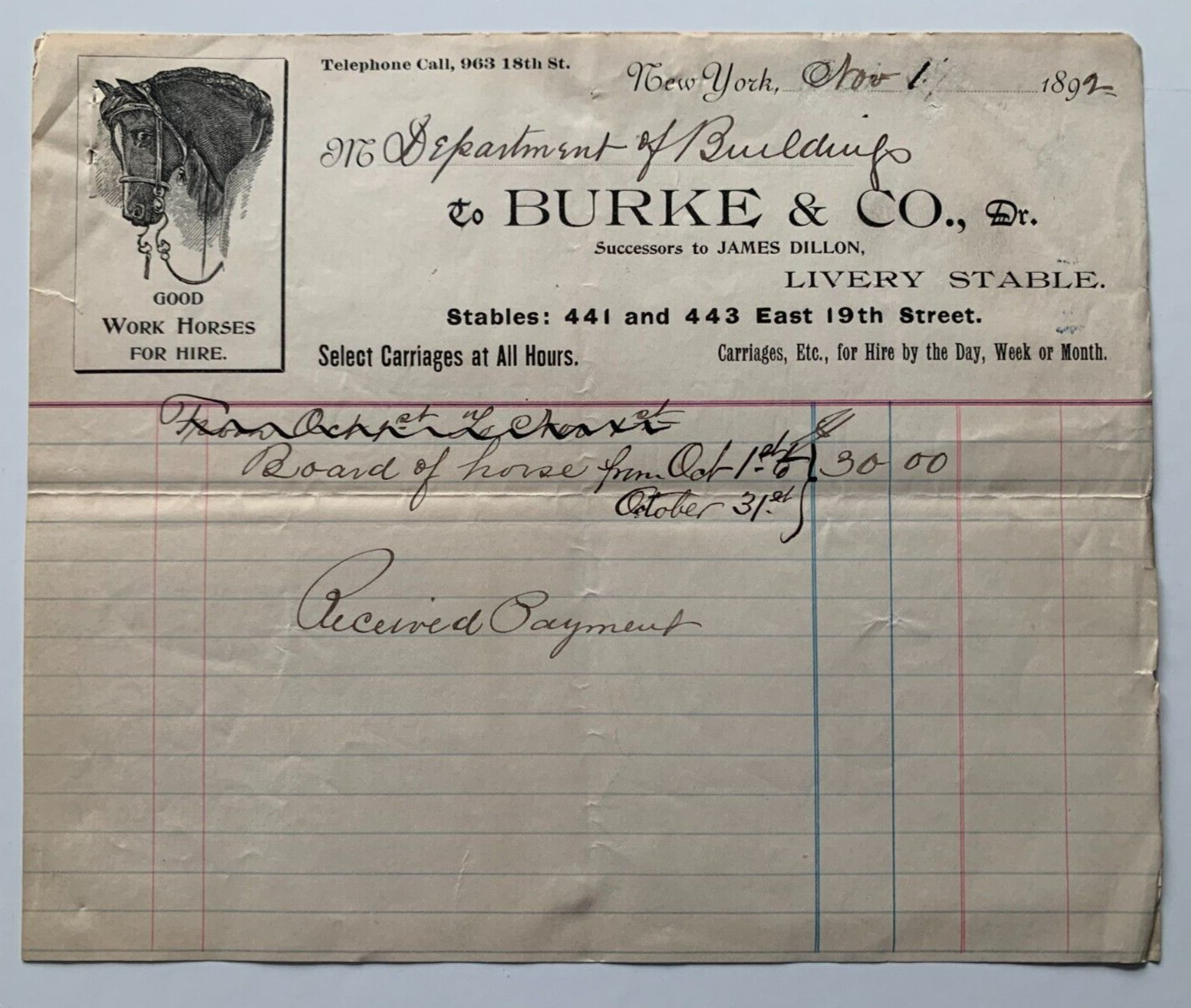 Vintage 1892 Billhead New York Burke & Co Livery Stables 441 East 19th St NYC