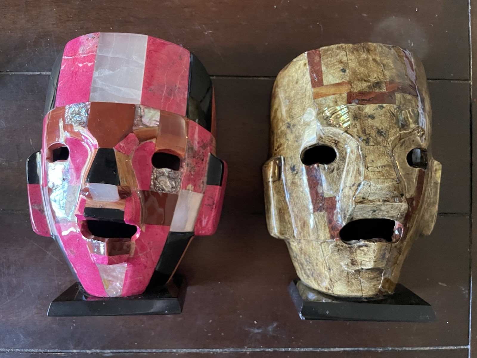 Vintage Mexican Mosaic Stone Mask - Aztec/Teotihuacan Style - Jasper & Onyx - 8”