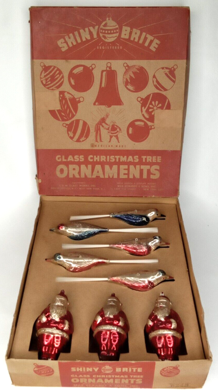 Christmas Ornament Santa Claus Birds Shiny Brite Glass Set Of 8 & Box Ultra Rare