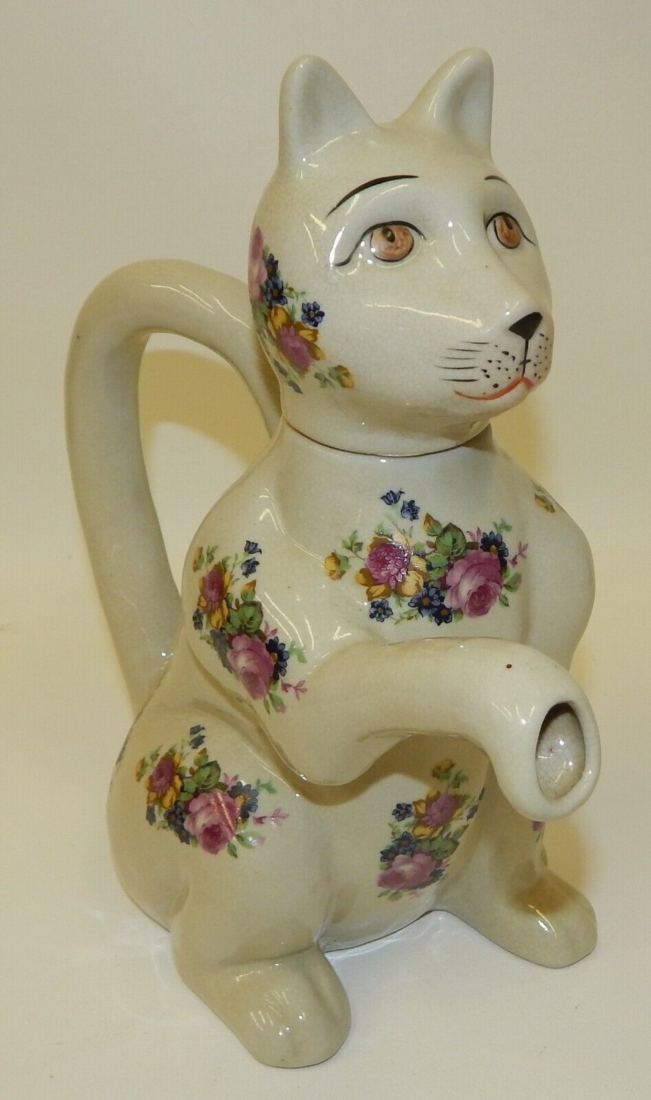 Vintage Raised Paw Floral Cat Tea Pot Tail Handle