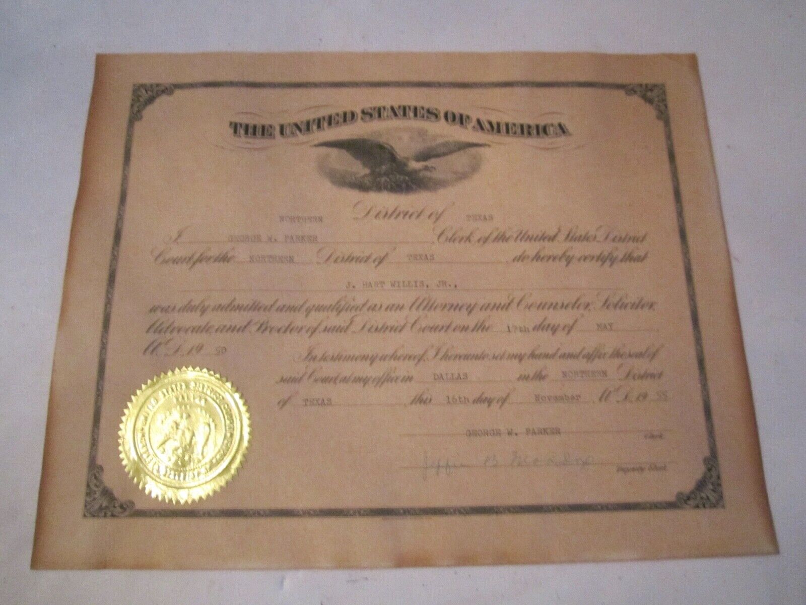 1955 U.S. DISTRICT COURT OF TEXAS CERTIFICATE ATTORNEY & COUNSELOR - TUB FP