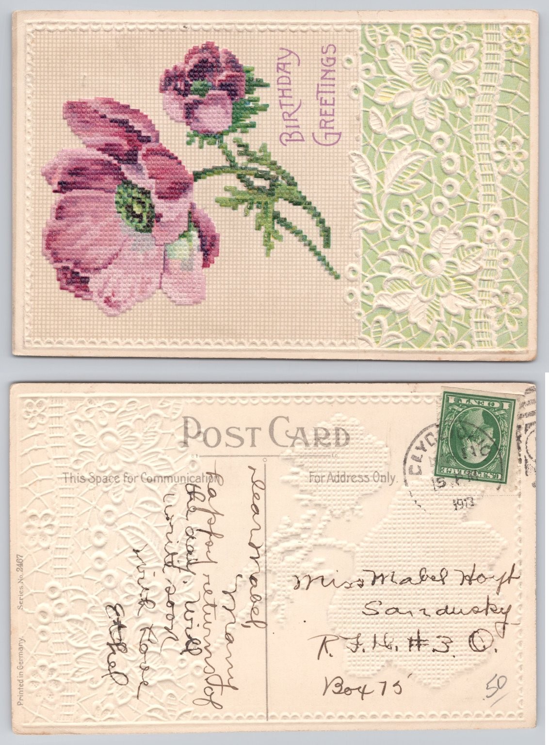 1913 Embossed Cross Stitch Flowers Birthday Postcard Sandusky Ohio