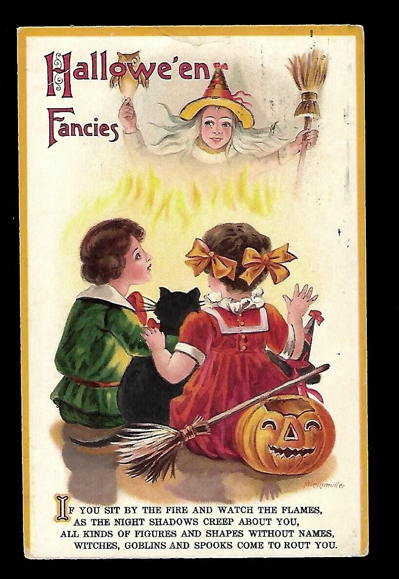 c1906 Signed Heinmuller Halloween Postcard Girls Looking At Witch, JOL