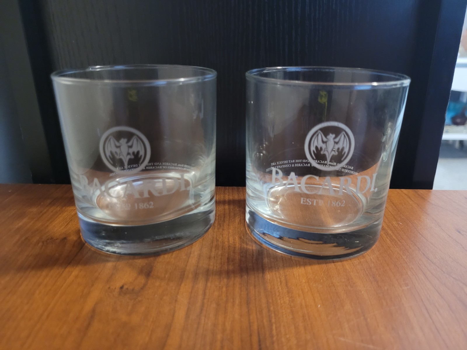 Set of 2 Vintage Bacardi Rum Lowball Rocks Glasses Etched Bat Logo Barware