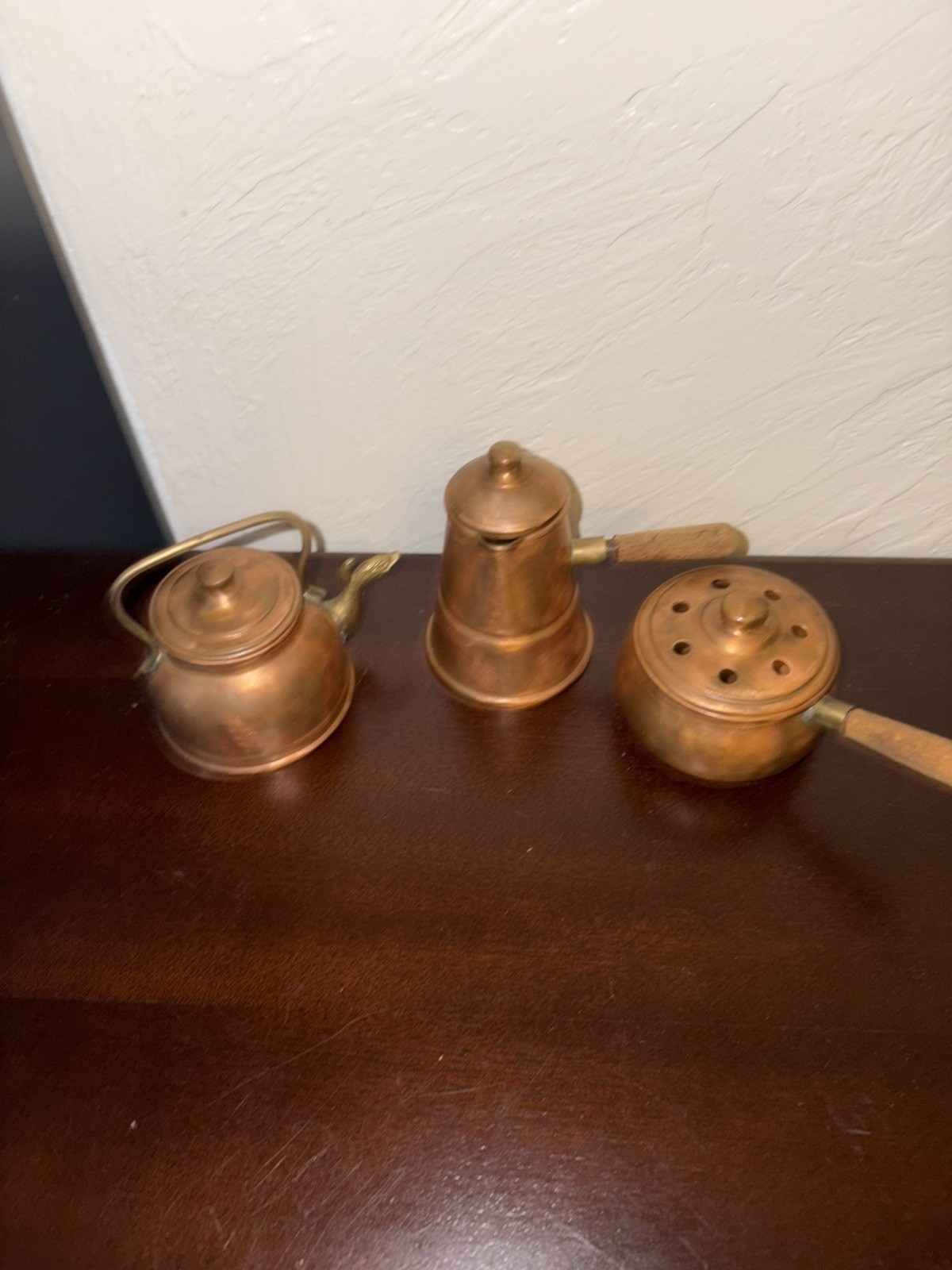 Set of three vintage miniature copper kitchenware serving pieces