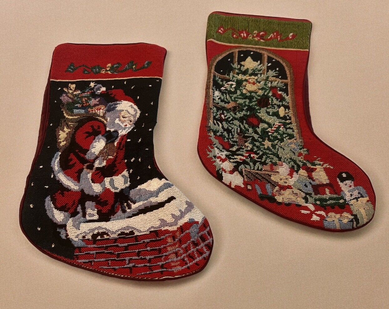 2 Vintage Needlepoint Christmas Stockings Pro Creation Santa Chimney-