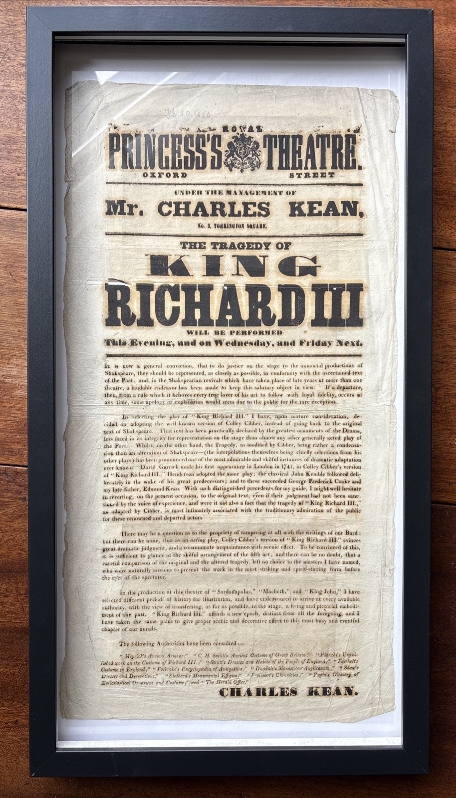 Antique Princess’s Theatre Playbill King Richard III Shakespeare Kean 1850s Antique Princess’s Theatre Playbill King Richard III Shakespeare Kean 1850s