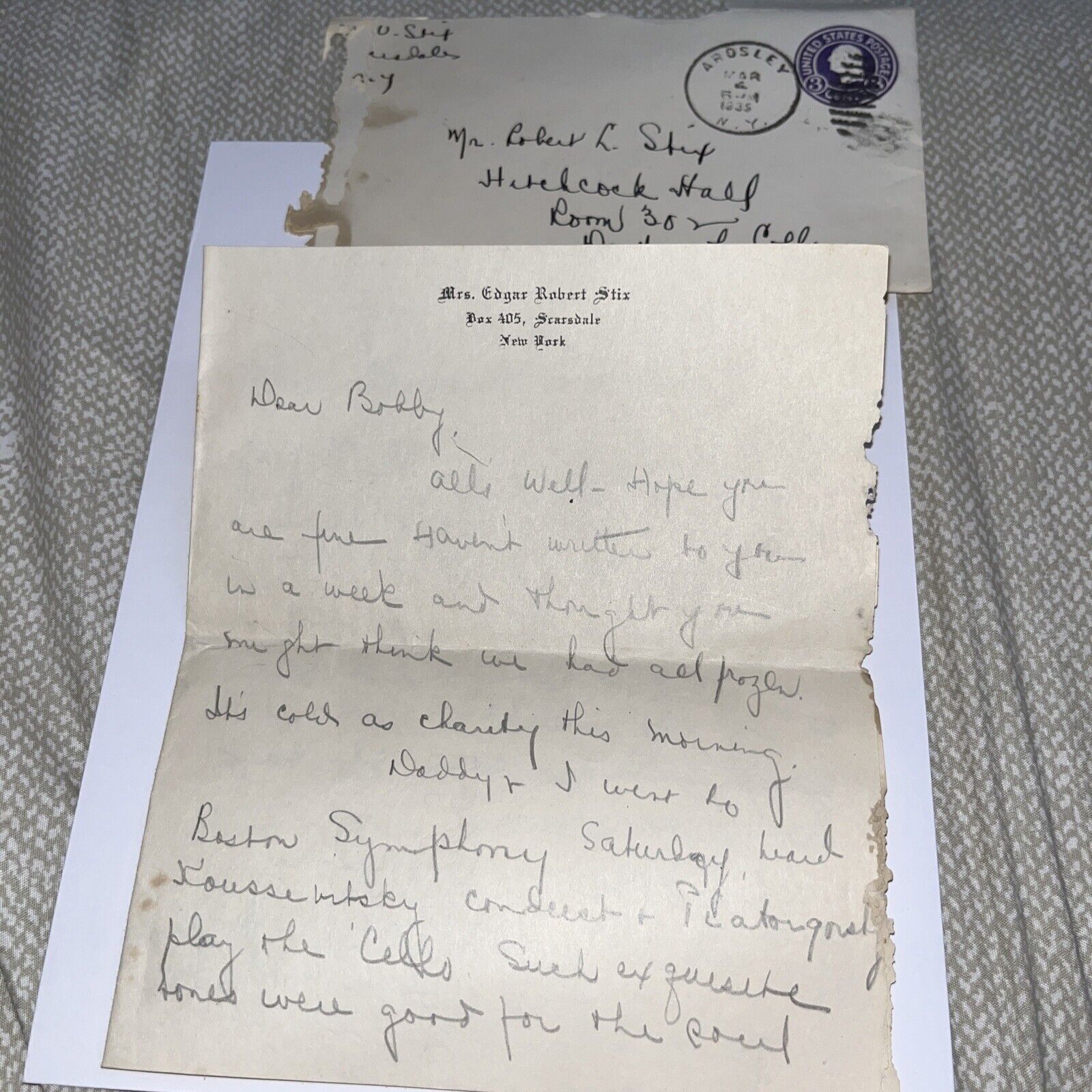 1935 Depression Era Letter to Dartmouth College Student on Boston Symphony