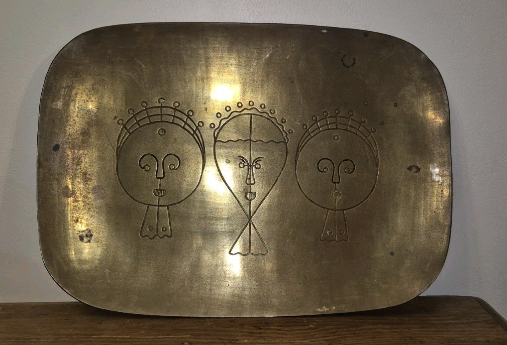 MCM Modernist Brass Tray 3 Primitive Faces Masks Etched Vintage Platter 14x10