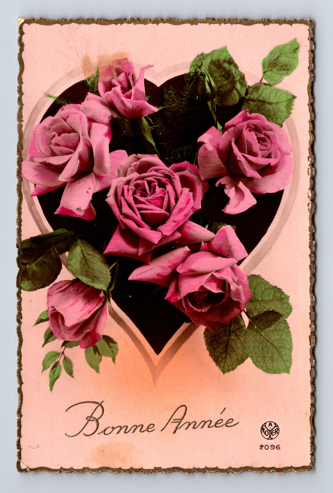 1948 RPPC French Alfred Noyer Hand Colored Pink Roses Heart monne Annee Postcard