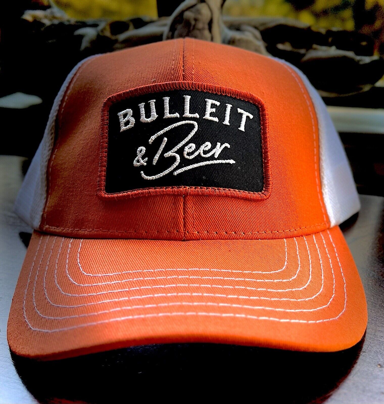 Bulleit Bourbon Frontier Whisky Snapback Ball Cap Trucker Hat Orange & Black NEW