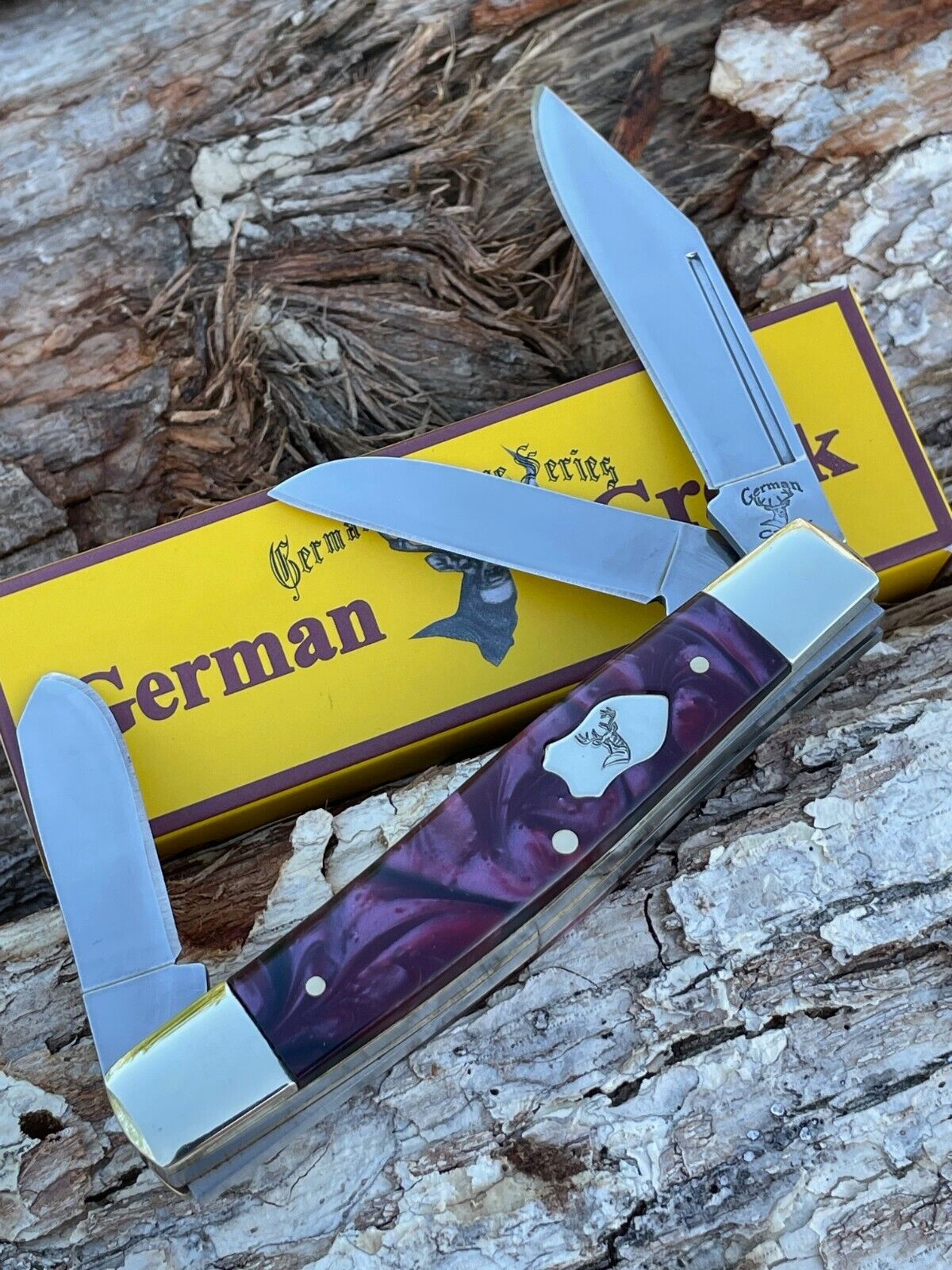 GERMAN CREEK *a RED SWIRL SYNTHETIC STOCKMAN KNIFE KNIVES