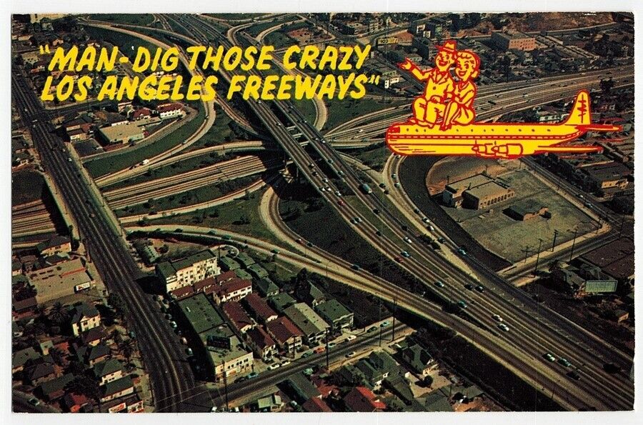 Chrome Postcard Aerial View Los Angeles Freeway System Downtown Los Angeles