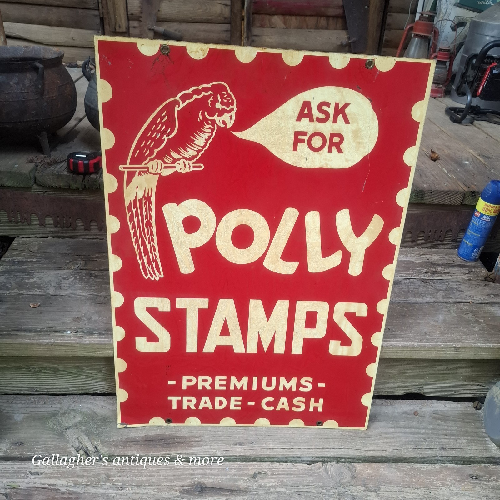 Rare large double sided Polly Stamps Parrot Bird Character Graphics Tin Sign Rare large double sided Polly Stamps Parrot Bird Character Graphics Tin Sign