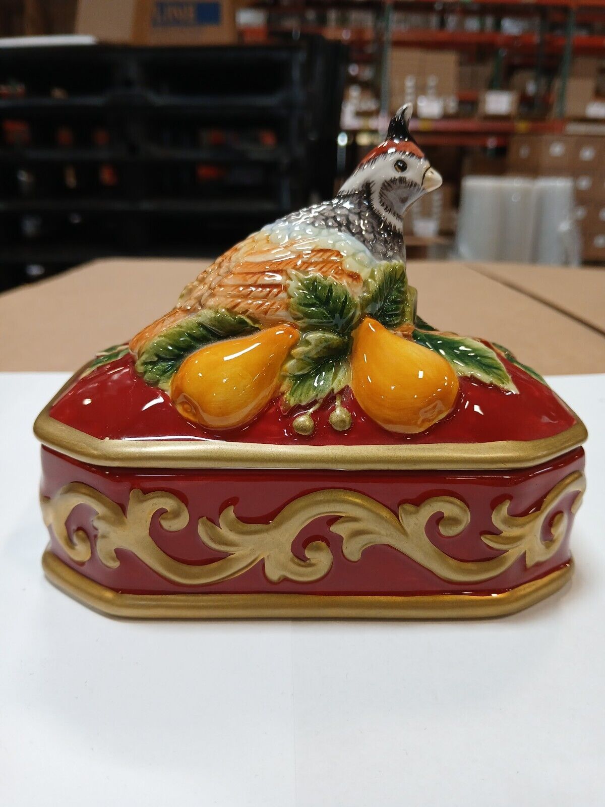 Fitz and Floyd Christmas Partridge Ceramic Rectangular Box with Lid Red and Gold