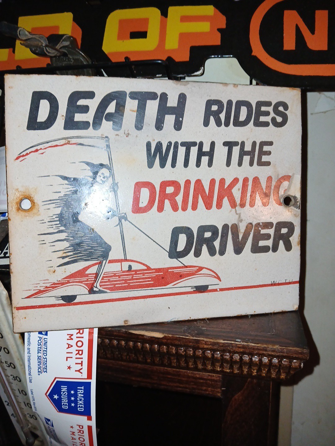 VINTAGE ALCOHOL PORCELAIN ENAMEL SIGN OLD DEATH RIDES WITH THE DRINKING DRIVER 