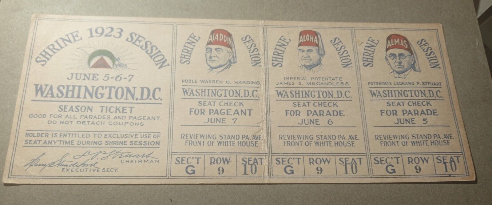 Shriners Convention Full Ticket 1923 Antique Warren G Harding Washington DC