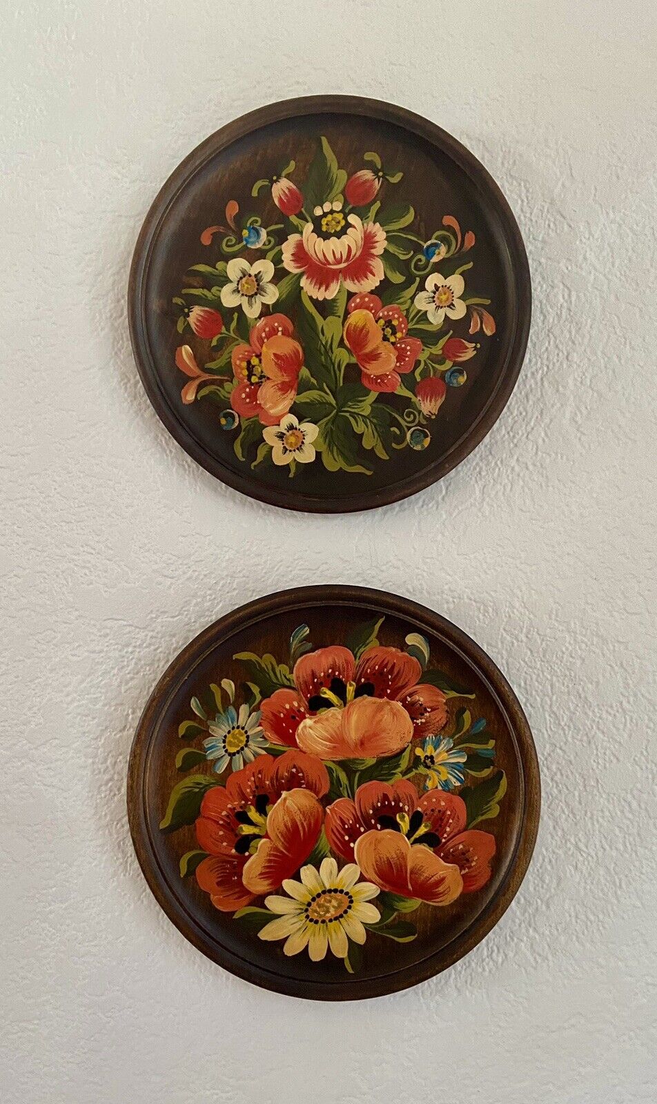 2 Hand Painted Florals on Wooden Wall Plate Beautifully Done Signed Circa 1981