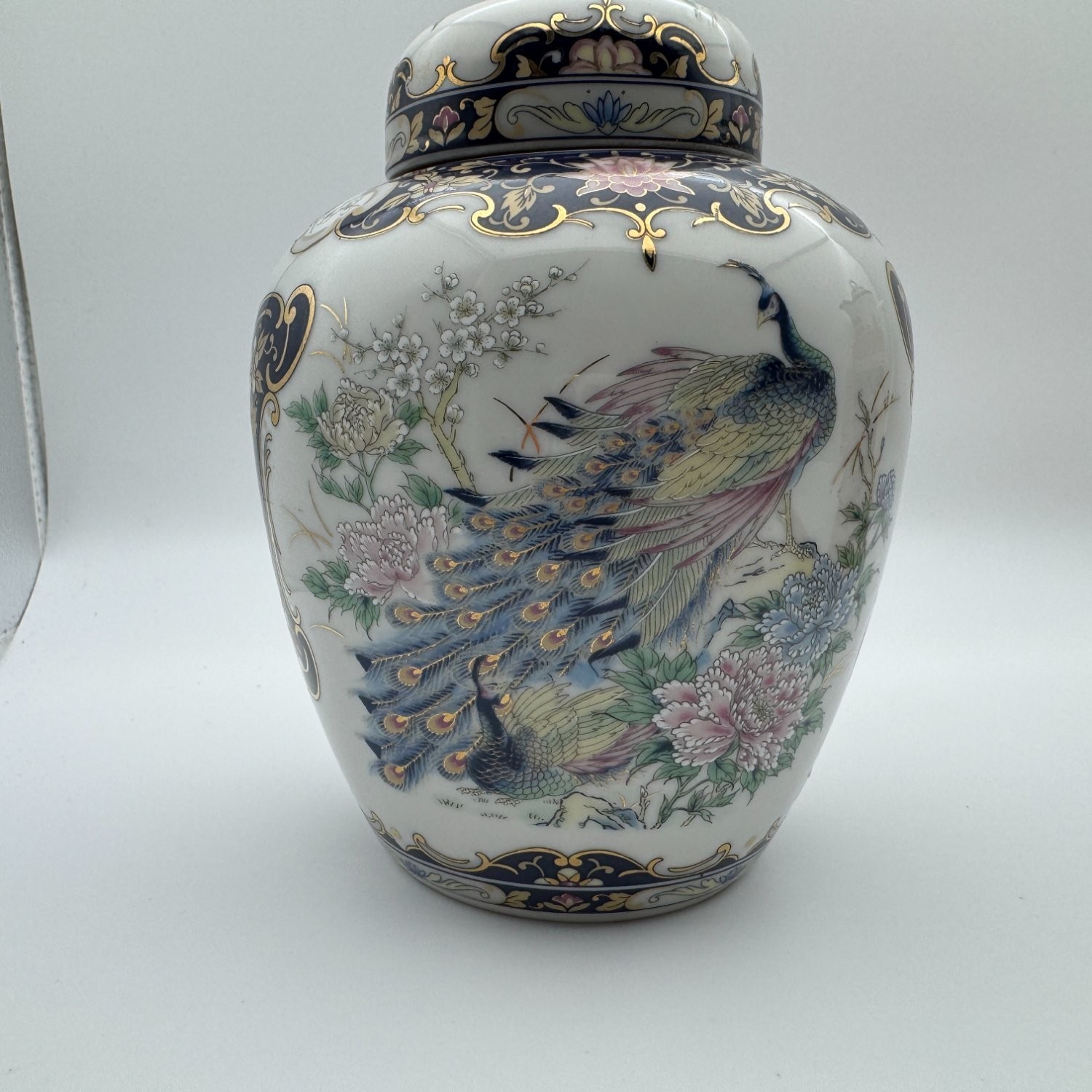 Vintage Toyo Japan Porcelain Ginger Jar Lid Peacock Floral Cobalt Blue Gold
