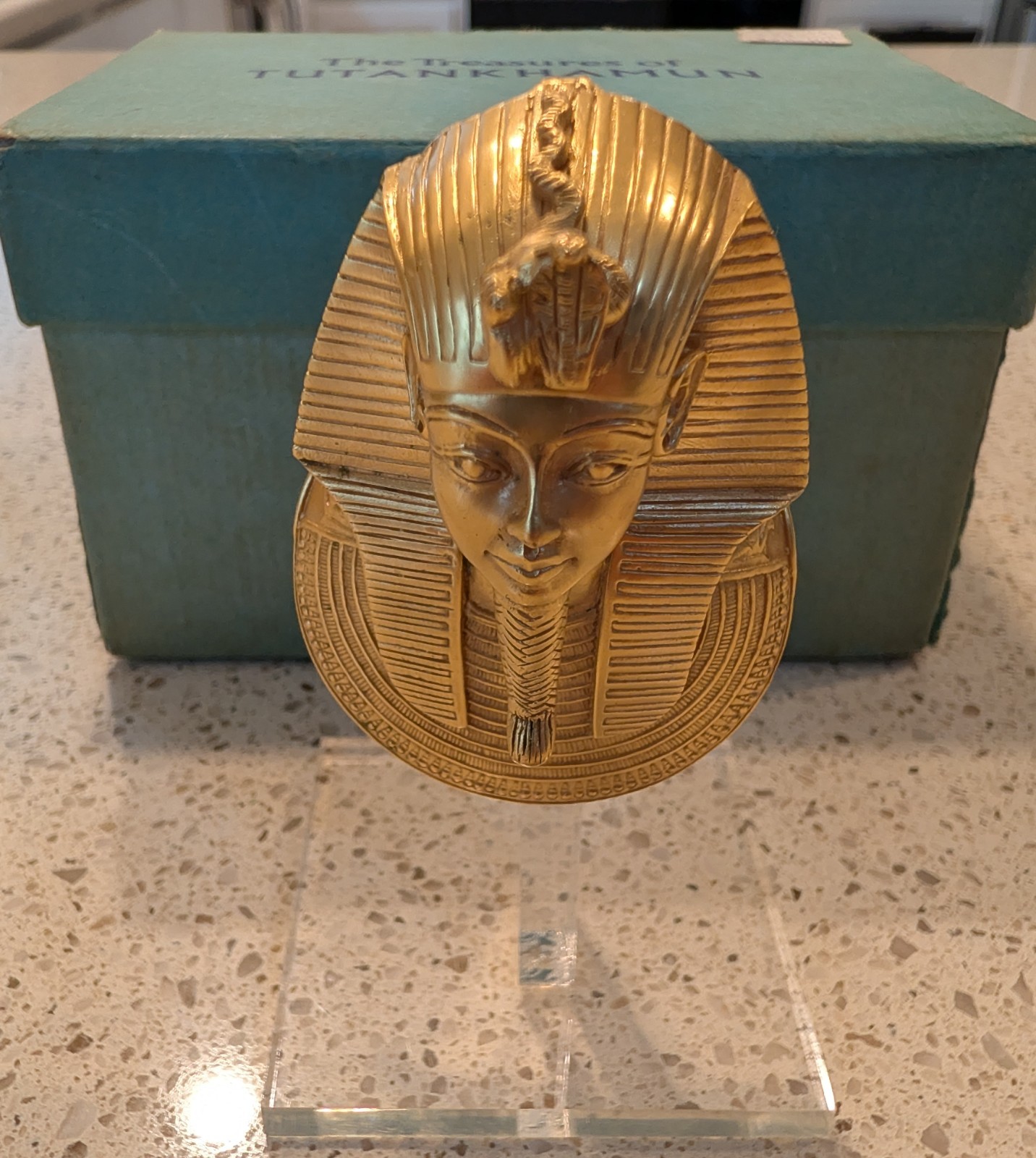 Vintage 1976 MMA King Tut Mask Pendant Statue Complete Box Stand Papers Receipt