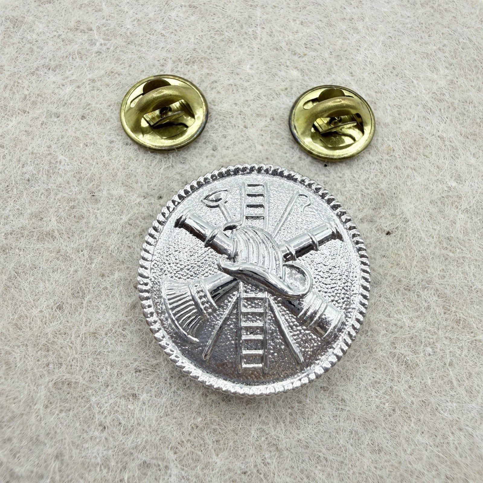 Vintage Silver Tone Round Firefighter Insignia Badge Pin Ladder Shovel Axes Vintage Silver Tone Round Firefighter Insignia Badge Pin Ladder Shovel Axes