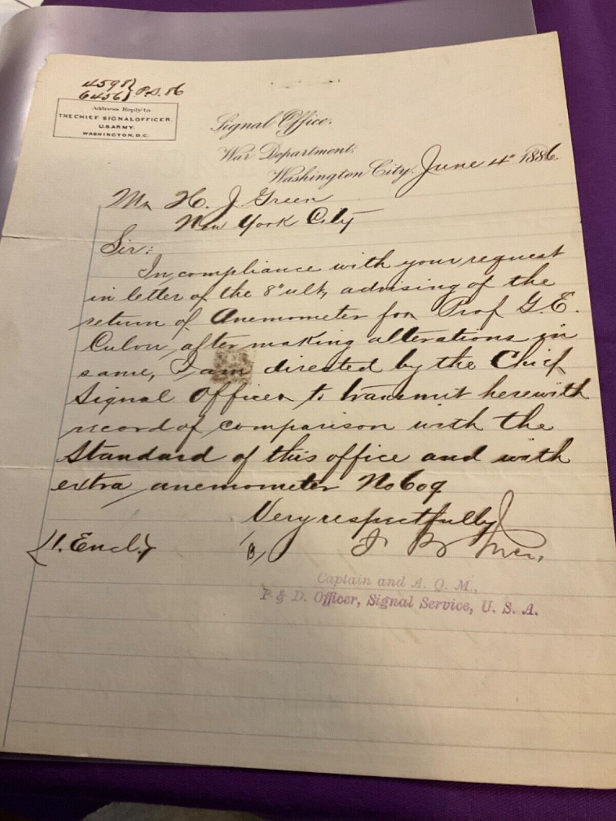 1571 US ARMY SIGNAL CORP EQUIPMENT LETTER 1886 SGD FB JONES WOUNDED BOTH LEGS CW