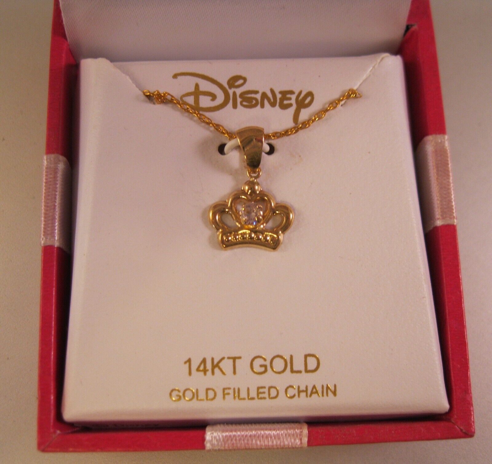 Vintage DISNEY 14K Gold Pink Crystal Princess Crown Pendant w/ 12K GF Chain/Box
