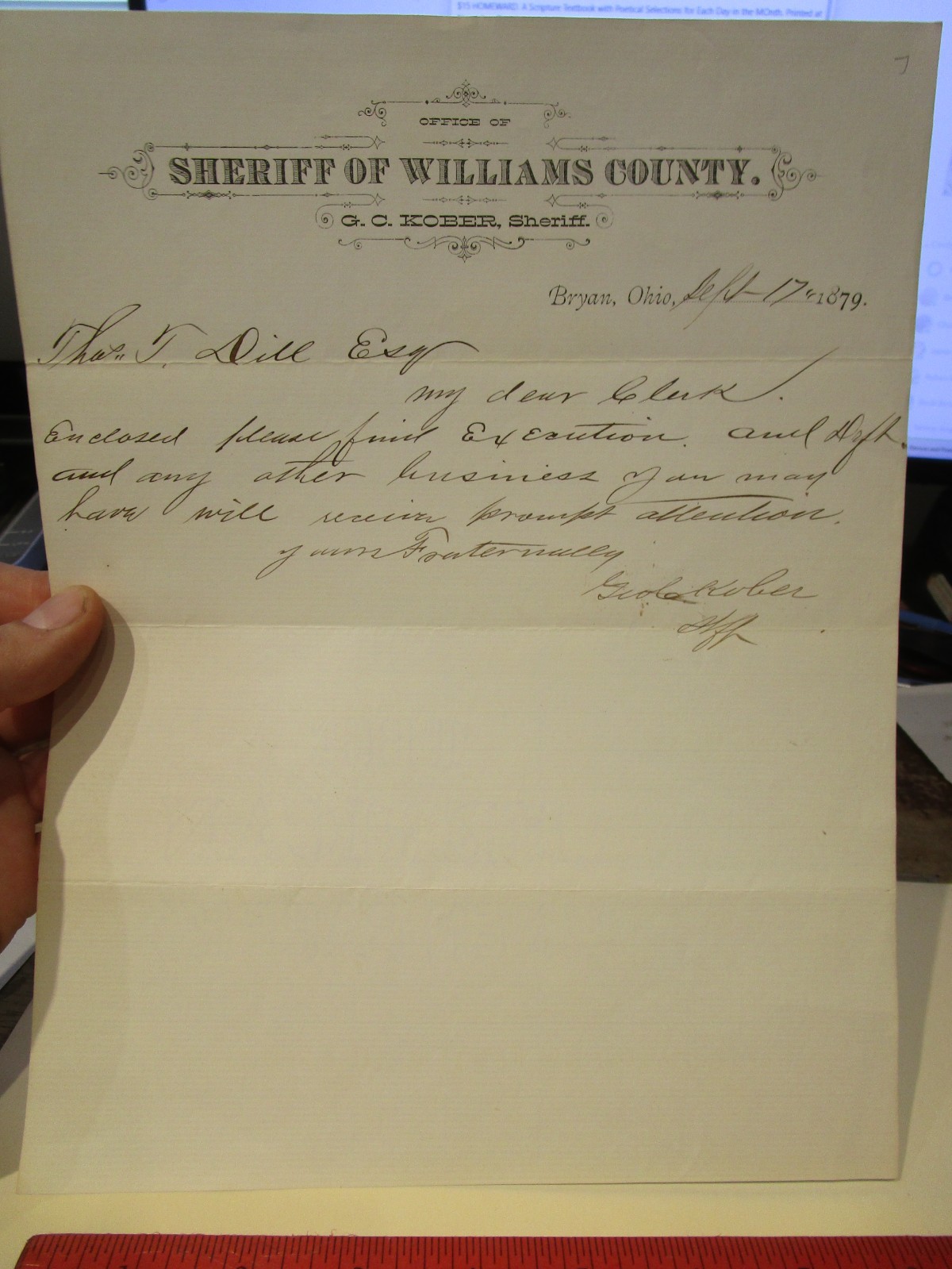 1879 Bryan Ohio Williams County Sheriff Office Handwritten Letter Clerk Attorney 1879 Bryan Ohio Williams County Sheriff Office Handwritten Letter Clerk Attorney